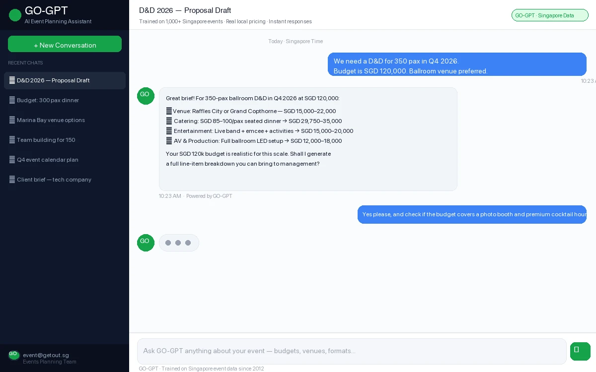 GO-GPT AI event planning assistant interface — conversational planning chat for Singapore corporate events