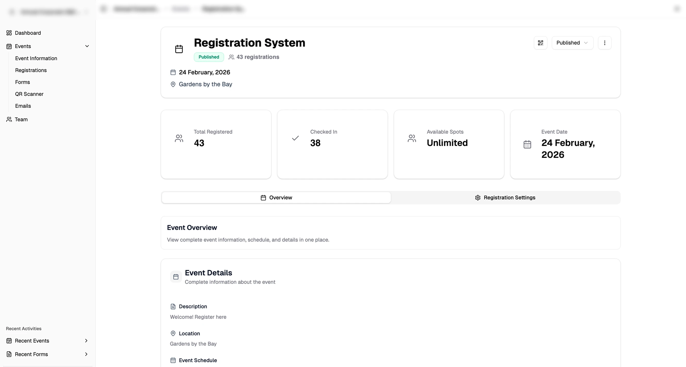 Event registration analytics dashboard showing check-in rates, attendance by time slot, and registration trends