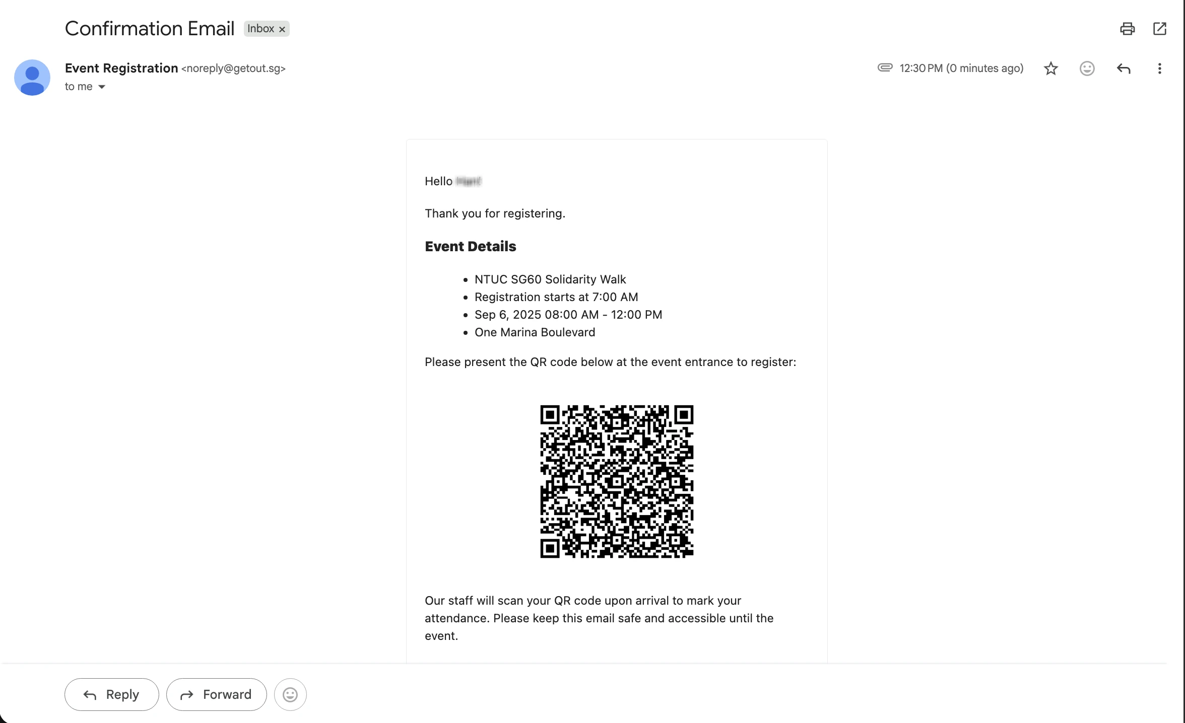 Automated event confirmation email with QR code for check-in — sent instantly after registration
