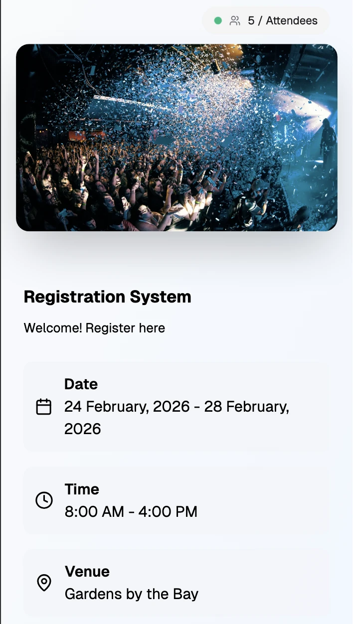 Live event registration form on mobile — participants fill in and submit instantly