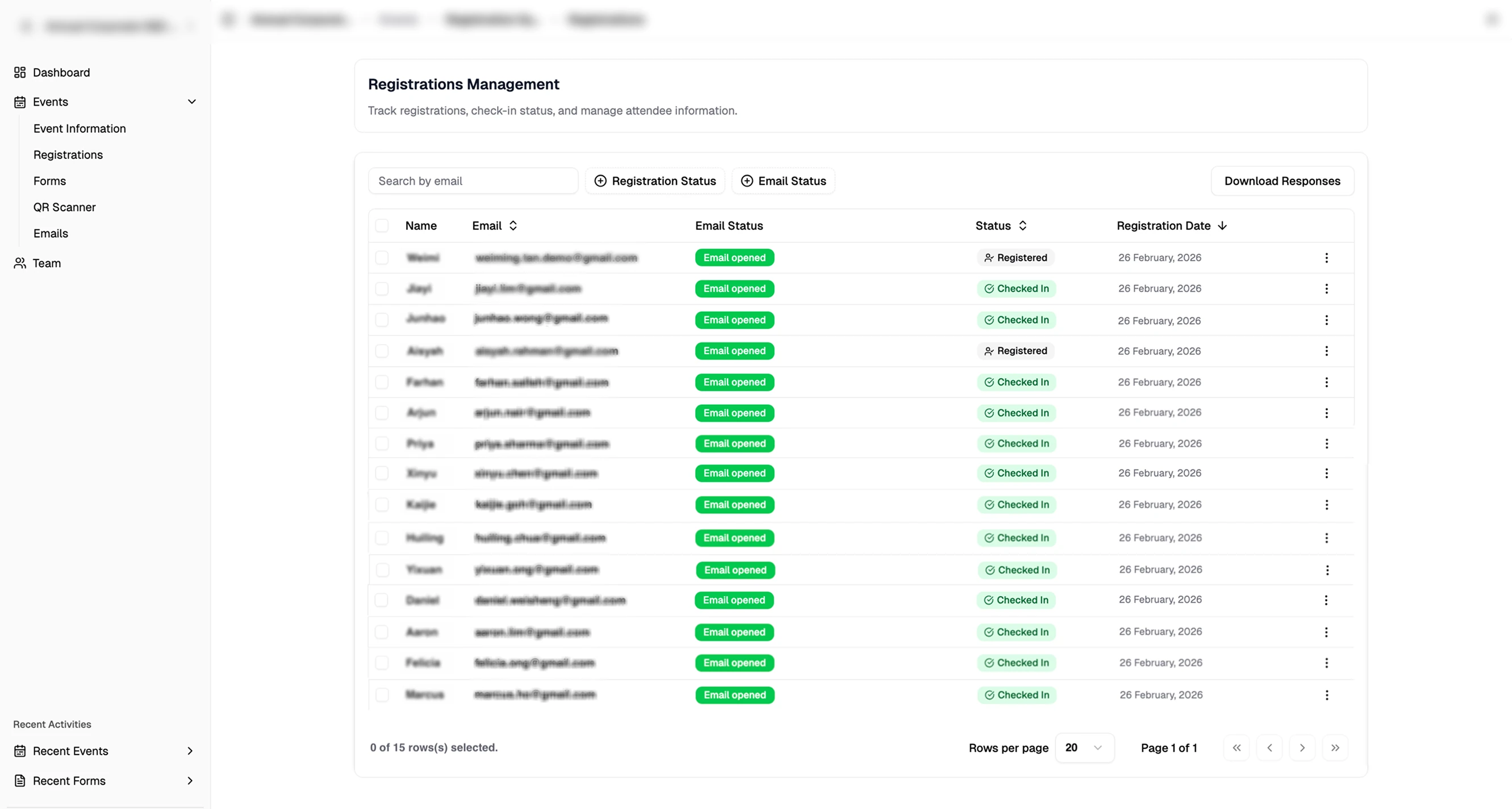 Registered participants list with names, email status, registration date, and attendance tracking