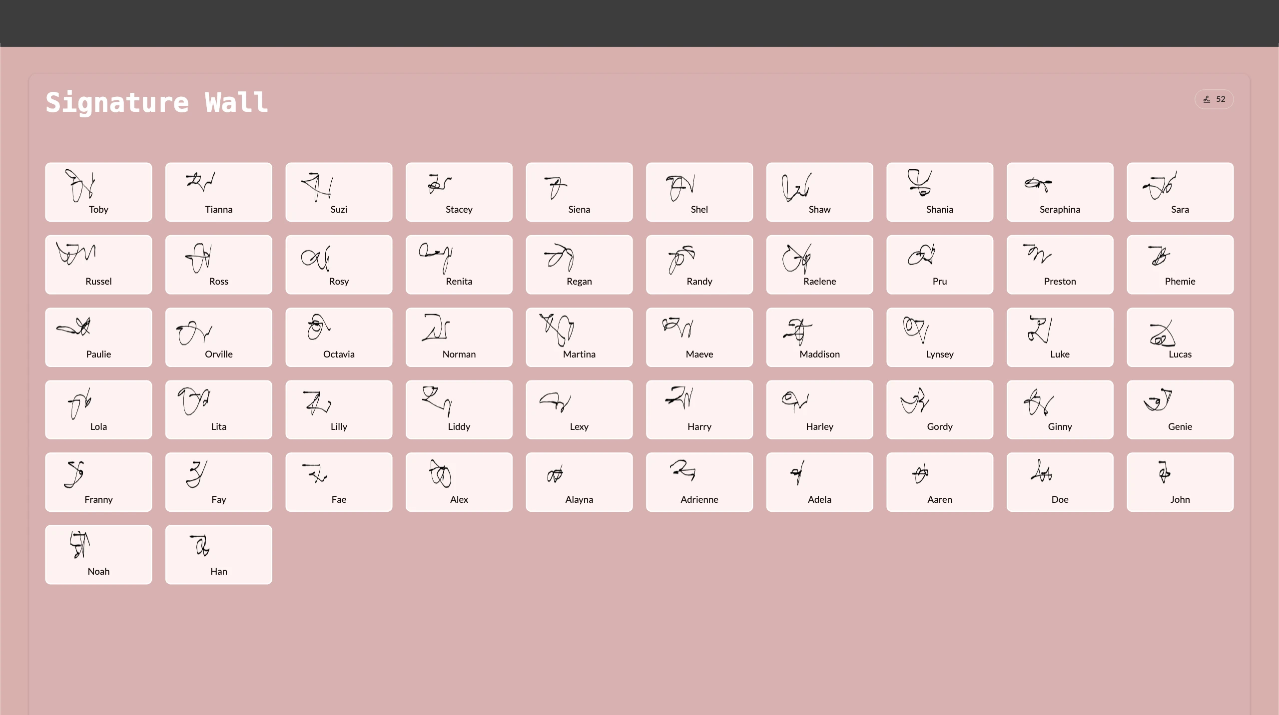 Digital signature wall showing participant signatures and messages on display at corporate event