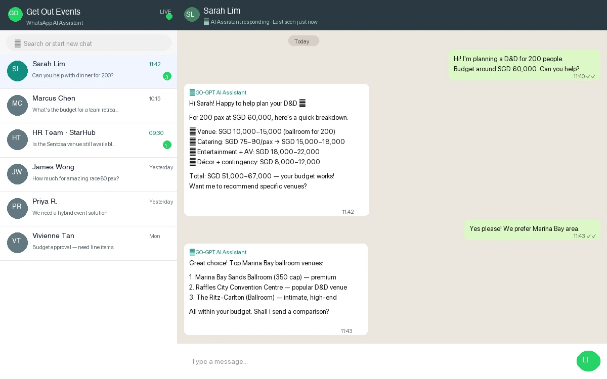 WhatsApp AI assistant for event planning queries — 24/7 instant responses for Get Out Events clients